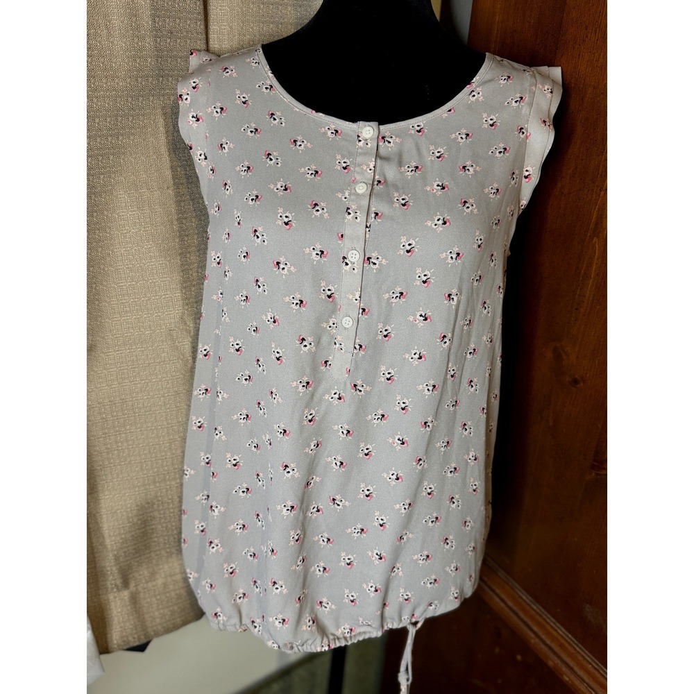 LOFT Blouse Women Medium Grey Good Floral Henley Drawstring Hem Cap Sleeve